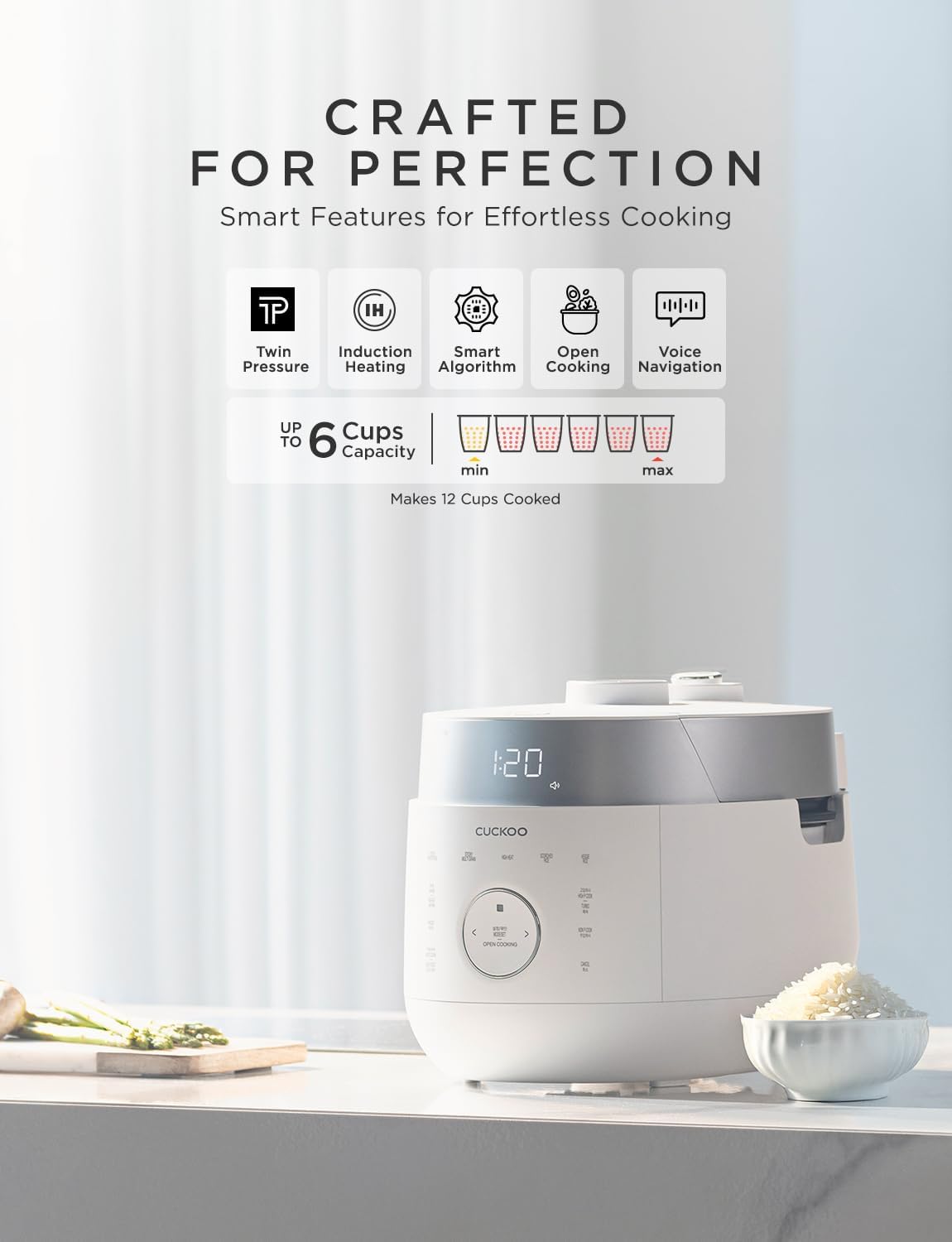 CUCKOO Twin Pressure Rice Cooker 6-Cup Uncooked / 12-Cup Cooked with Induction Heating Technology, 20 Menu Modes with Voice Guide, Versatile Rice Maker Multi-Cooker & Pressure Cooker (CRP-LHTR0609FW) - Image 2