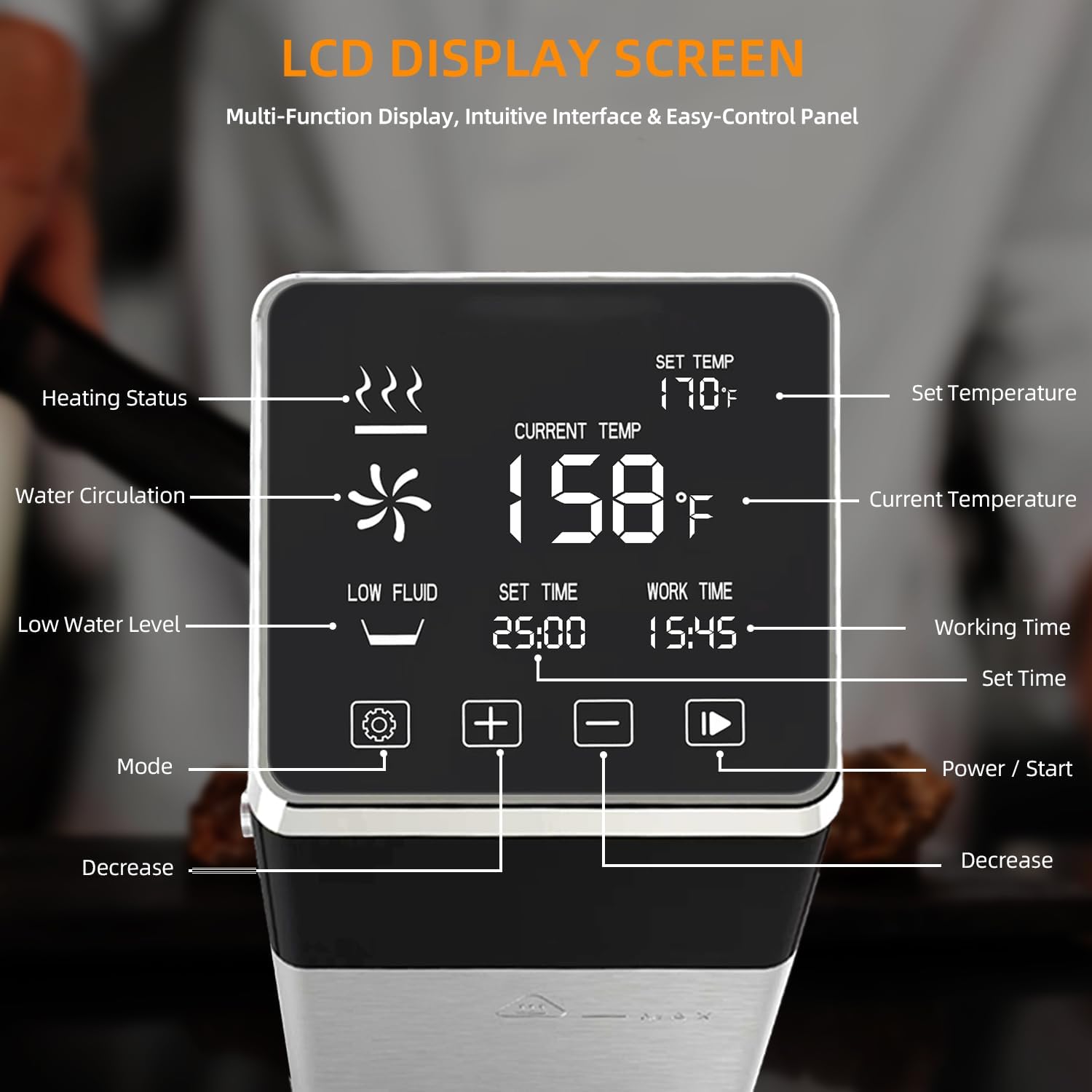 Anchorchef Sous Vide 1400W Precision Cooker, Professional Sous Vide Cooker with Stainless Immersion Circulators, with large Touchscreen Accurate Temperature Timer, Fast-Heating, Powerful Pump Design - Image 4