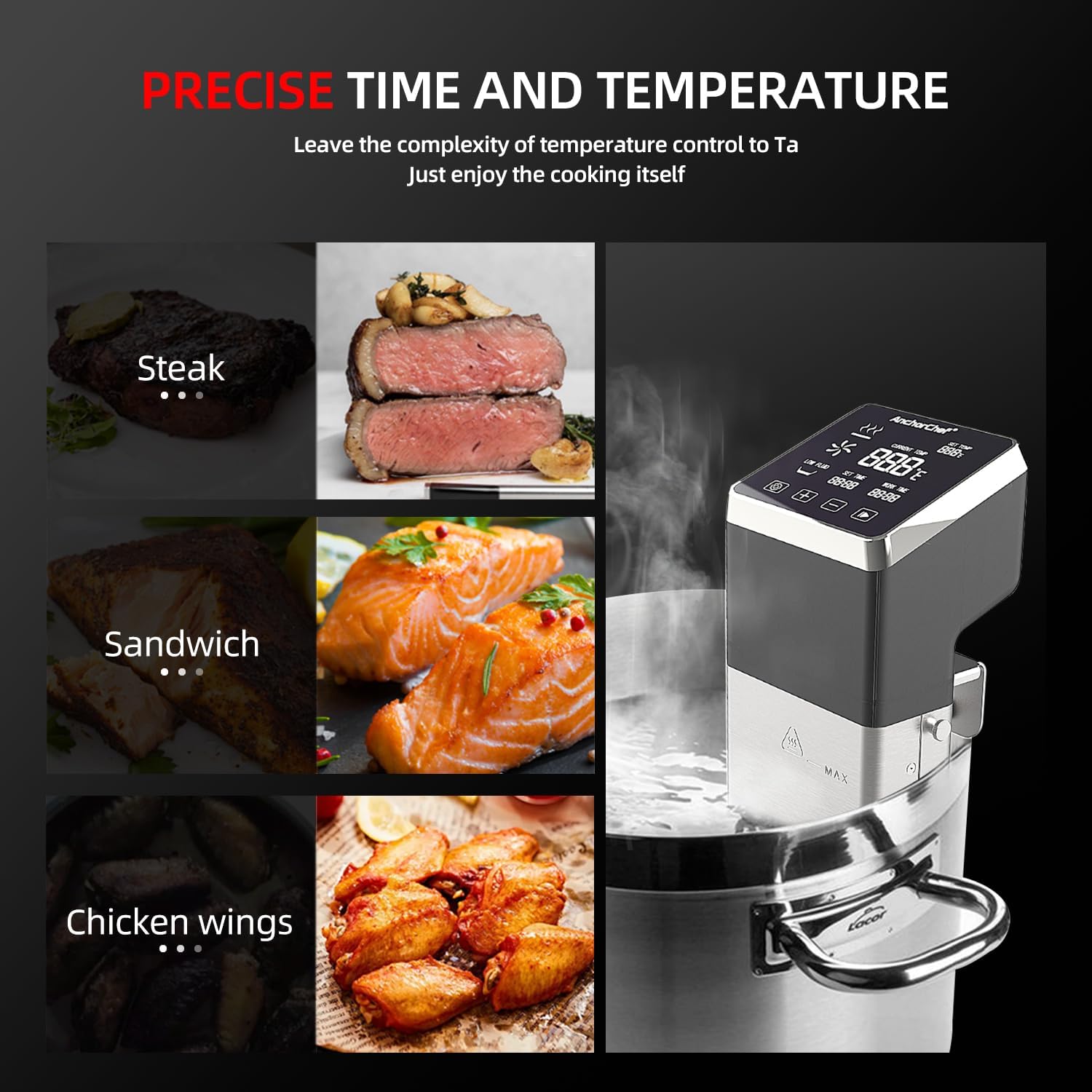 AnchorChef Immersion Circulator, Commercial Restaurant Sous Vide Machine,Large capacity sous vide, Fast-Heating,Sous vide cooker 1400W,With large Touchscreen Accurate Temperature Timer (120V) - Image 2