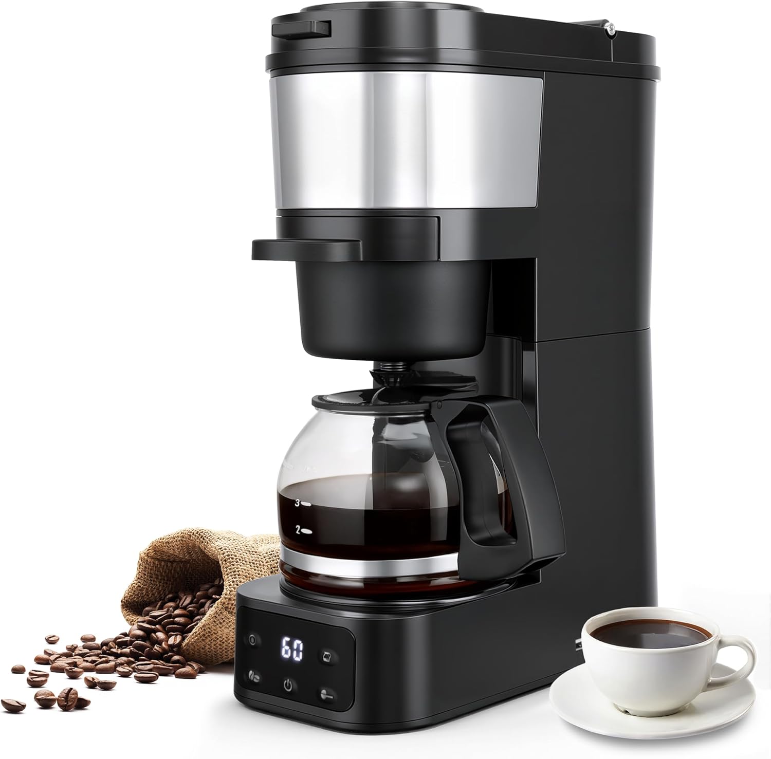 ATSENT Grind and Brew Coffee Maker,Drip Coffee Maker with Grinder Built In,5-Cup Programmable Coffee Machine with Brew Strength,Warming Plate and Multiple Grind Levels for Home & Office