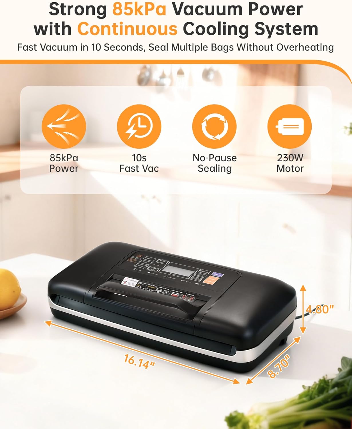85kPa Commercial Vacuum Sealer with 2X Heat Seal, Countertop Chamber Food Sealer with Continuous Sealing, Multiple Modes for Dry, Wet & All Foods, Built-in Cutter, Ideal for Sous Vide & Food Storage - Image 2