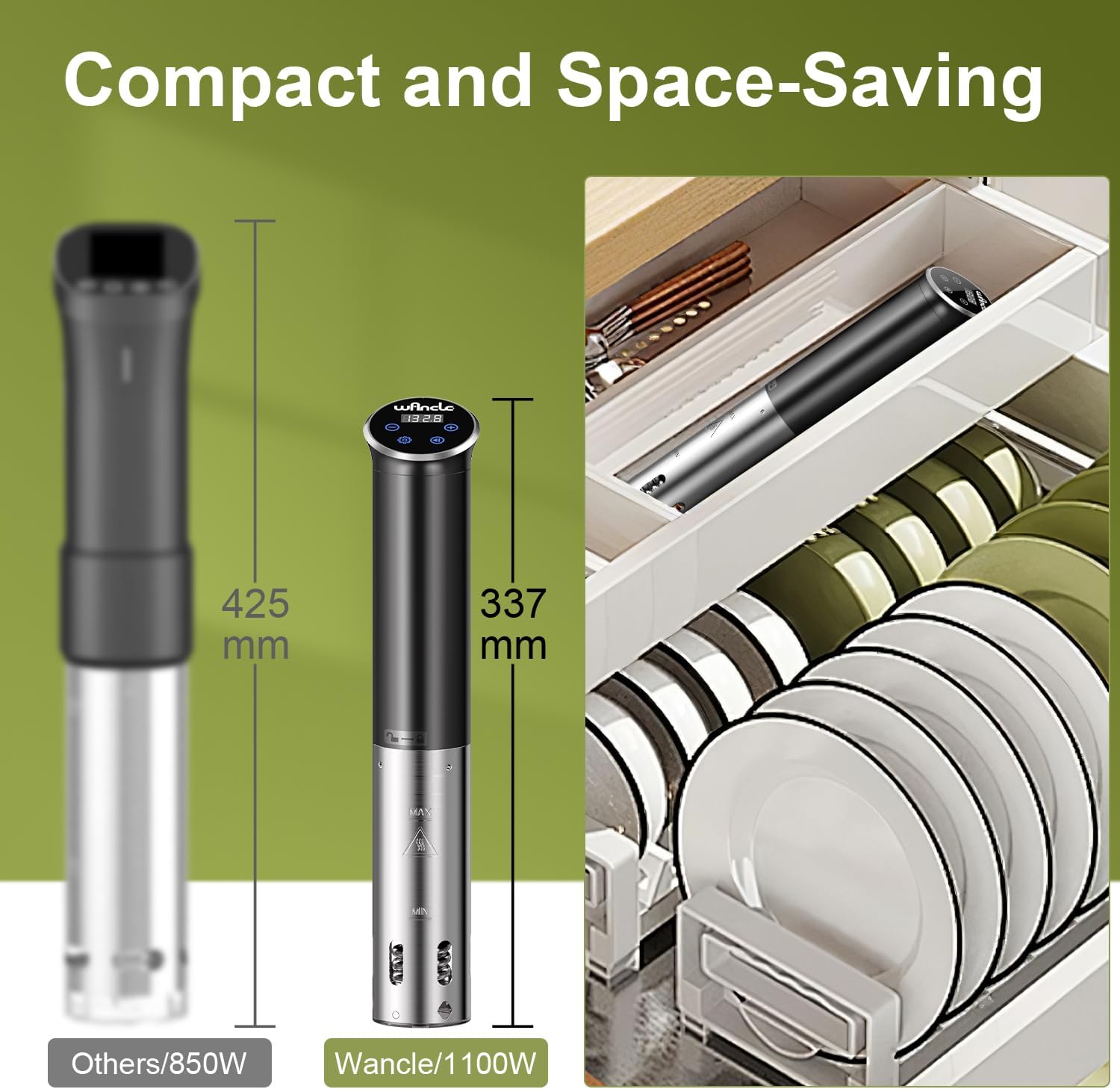 Sous Vide, Wancle 1100W Immersion Circulator, IPX7 Sous Vide Cooker, Small Space-Saving Design, Sous Vide Machines with Accurate Temperature Control, Black, 120V - Image 4