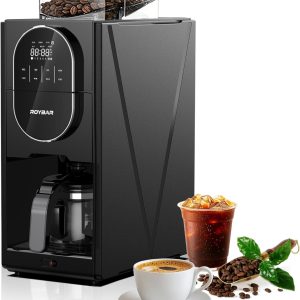 Coffee Maker with Grinder, Programmable Hot and Cold Coffee Maker with 22 oz Glass Carafe, Adjustable Fully Automatic grind and brew Coffee Machine with Timer, Black Americano Iced Coffee Machine