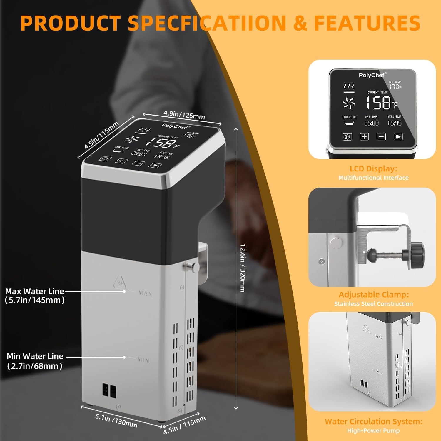 Anchorchef Sous Vide 1400W Precision Cooker, Professional Sous Vide Cooker with Stainless Immersion Circulators, with large Touchscreen Accurate Temperature Timer, Fast-Heating, Powerful Pump Design - Image 2