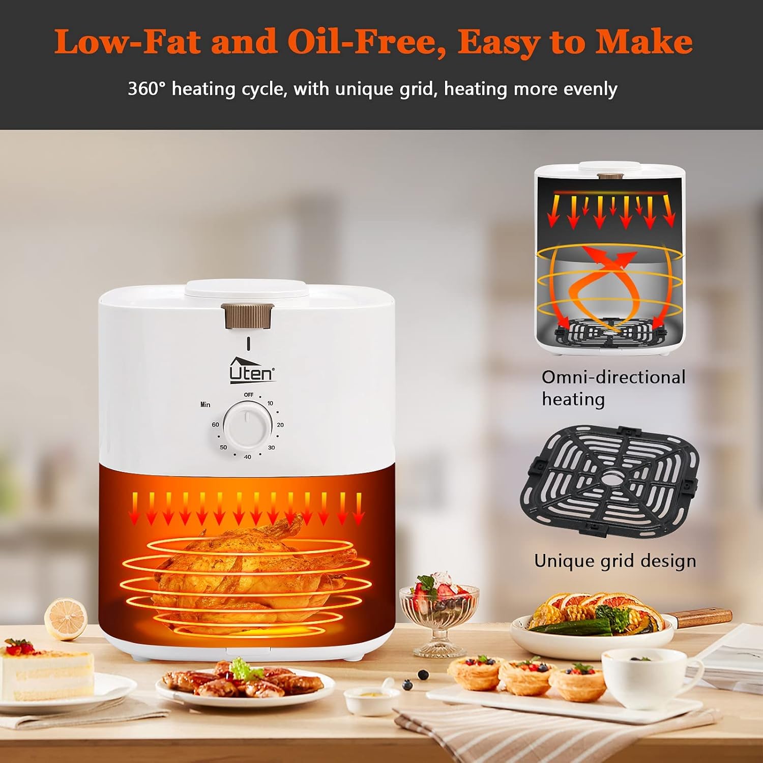 4.2 Quart Compact Air Fryer,4L 1500W Air Fryer Oven Pizza Cooker with Rapid Air Circulation,30 Minute Timer and Adjustable Temperature Control with Recipe,White - Image 3