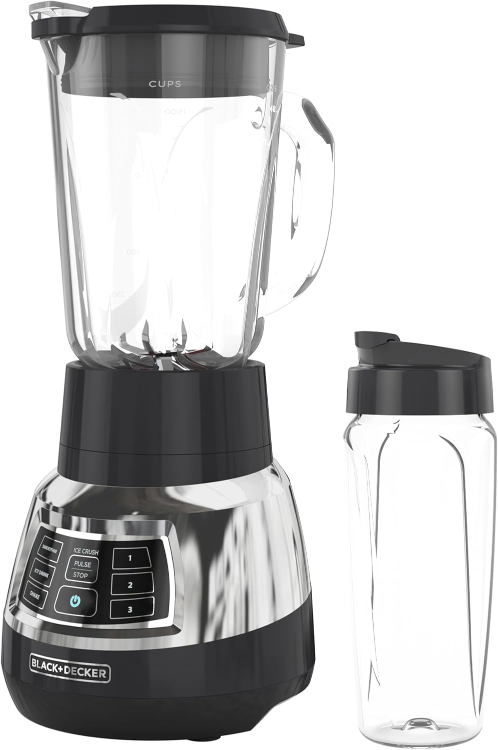 Black+Decker Quiet Blender with 6-Cup Cyclone Glass Jar, 3 Speeds + 3 Functions & Serrated Blade Technology for Faster Blending, Pulse Button and 24-oz Personal Jar, 900W