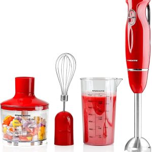 OVENTE Immersion Hand Blender, 300W Electric Handheld Portable Stick Mixer Set with 2 Mixing Speed, Stainless Steel Blades, Egg Whisk Attachment, Mixing Beaker and BPA-Free Food Chopper, Red HS565R