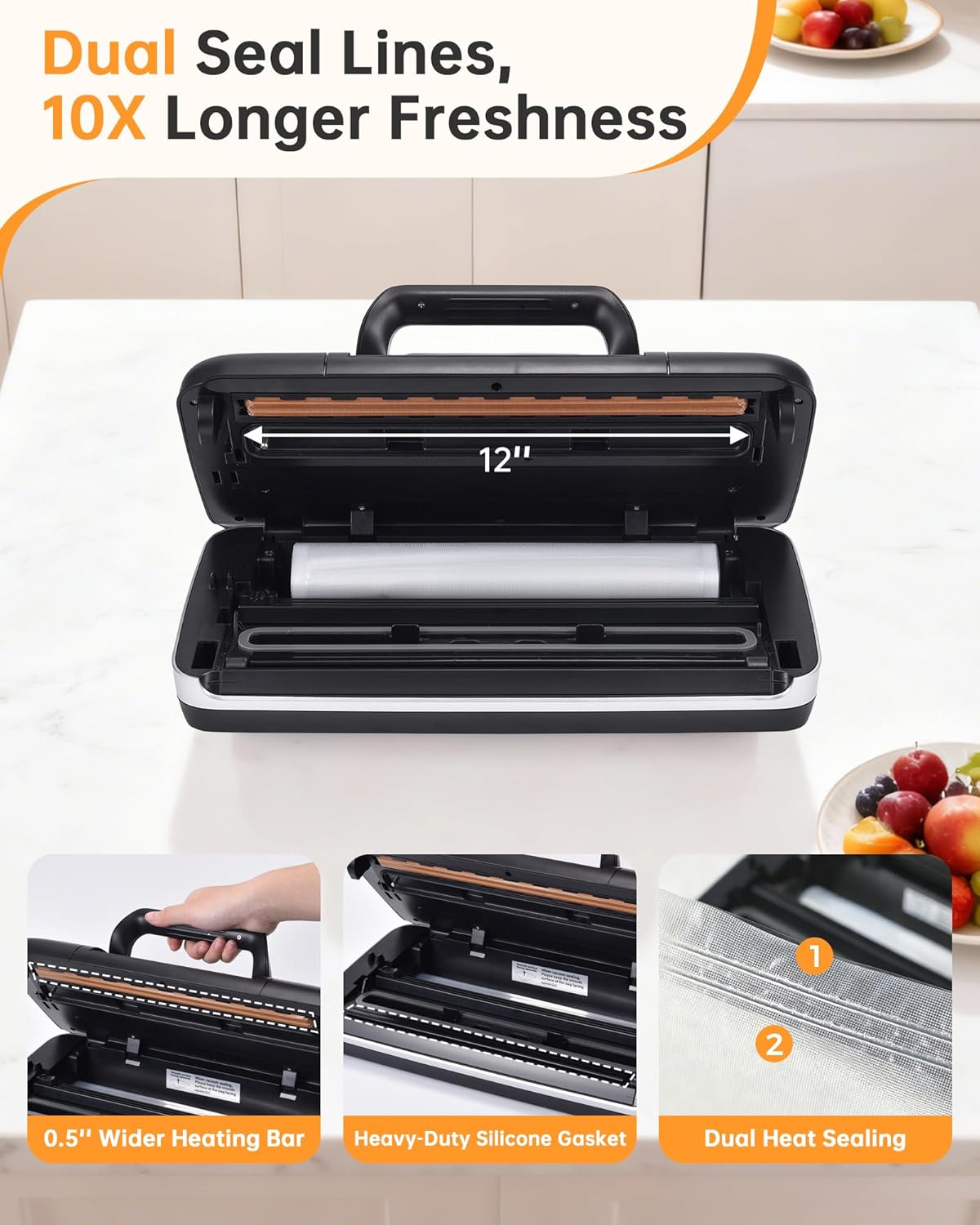 85kPa Commercial Vacuum Sealer with 2X Heat Seal, Countertop Chamber Food Sealer with Continuous Sealing, Multiple Modes for Dry, Wet & All Foods, Built-in Cutter, Ideal for Sous Vide & Food Storage - Image 4