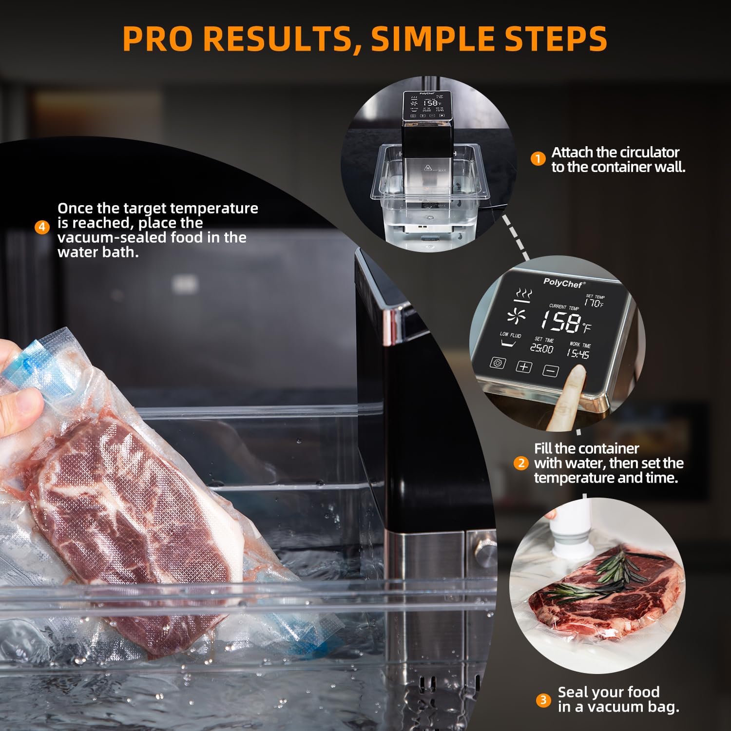 Anchorchef Sous Vide 1400W Precision Cooker, Professional Sous Vide Cooker with Stainless Immersion Circulators, with large Touchscreen Accurate Temperature Timer, Fast-Heating, Powerful Pump Design - Image 3