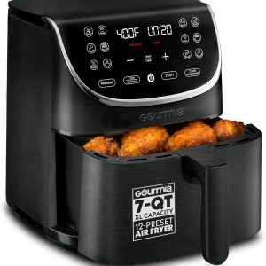 Gourmia Air Fryer - 7 Qt Large Capacity, FryForce 360º, Digital Display with 12 Presets, Roast, Bake, Broil, Dehydrate, Dishwasher Safe Accessories, Black