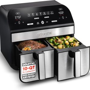 Gourmia Dual Basket Air Fryer - 10 Qt Large Capacity, FryForce360º, Digital Display with 7 Presets, Roast, Bake, Broil, Dehydrate, Match Cook, Sync Finish, Dishwasher Safe Accessories, Black