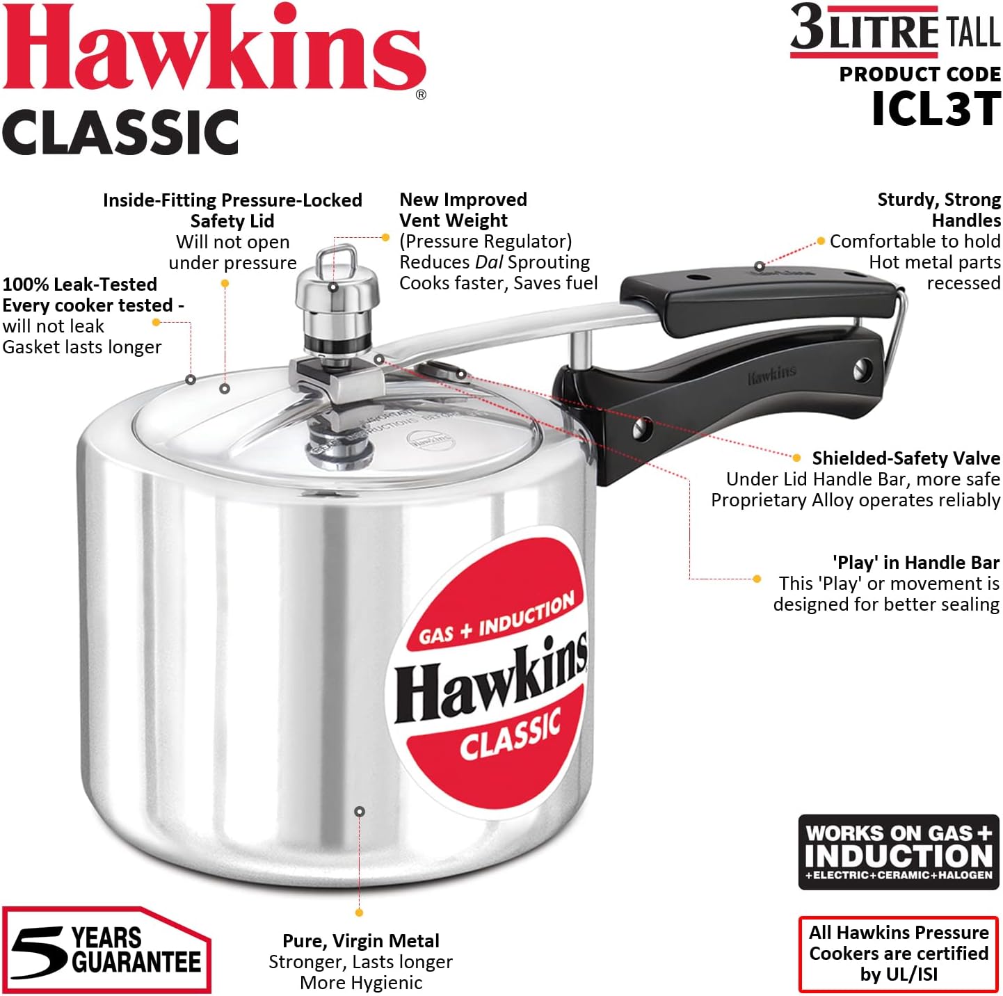Hawkins Aluminium Classic 3 Litre Pressure Cooker, 3.2 Quarts, Silver, Ideal for 3-4 Persons, Super-fast Cooking, Saves Fuel - Image 3