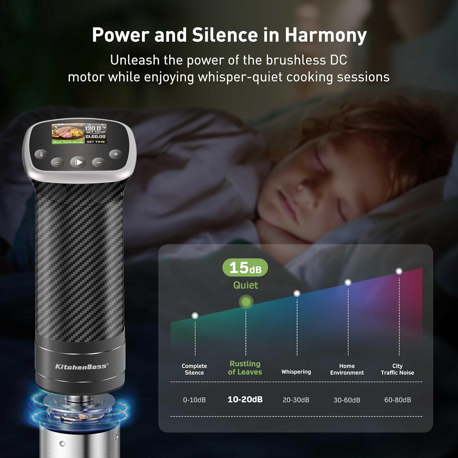 KitchenBoss Wifi Sous Vide Cooker: Sous Vide Machine Ultra-quiet 1100W Precision Cooking Machine Built-in TFT Recipes, IPX7 Waterproof Immersion Circulator Precise Temperature Control, Carbon Black - Image 4