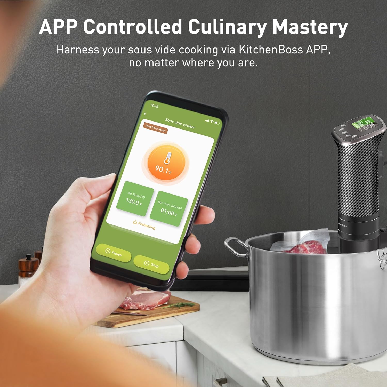 KitchenBoss Wifi Sous Vide Cooker: Sous Vide Machine Ultra-quiet 1100W Precision Cooking Machine Built-in TFT Recipes, IPX7 Waterproof Immersion Circulator Precise Temperature Control, Carbon Black - Image 3