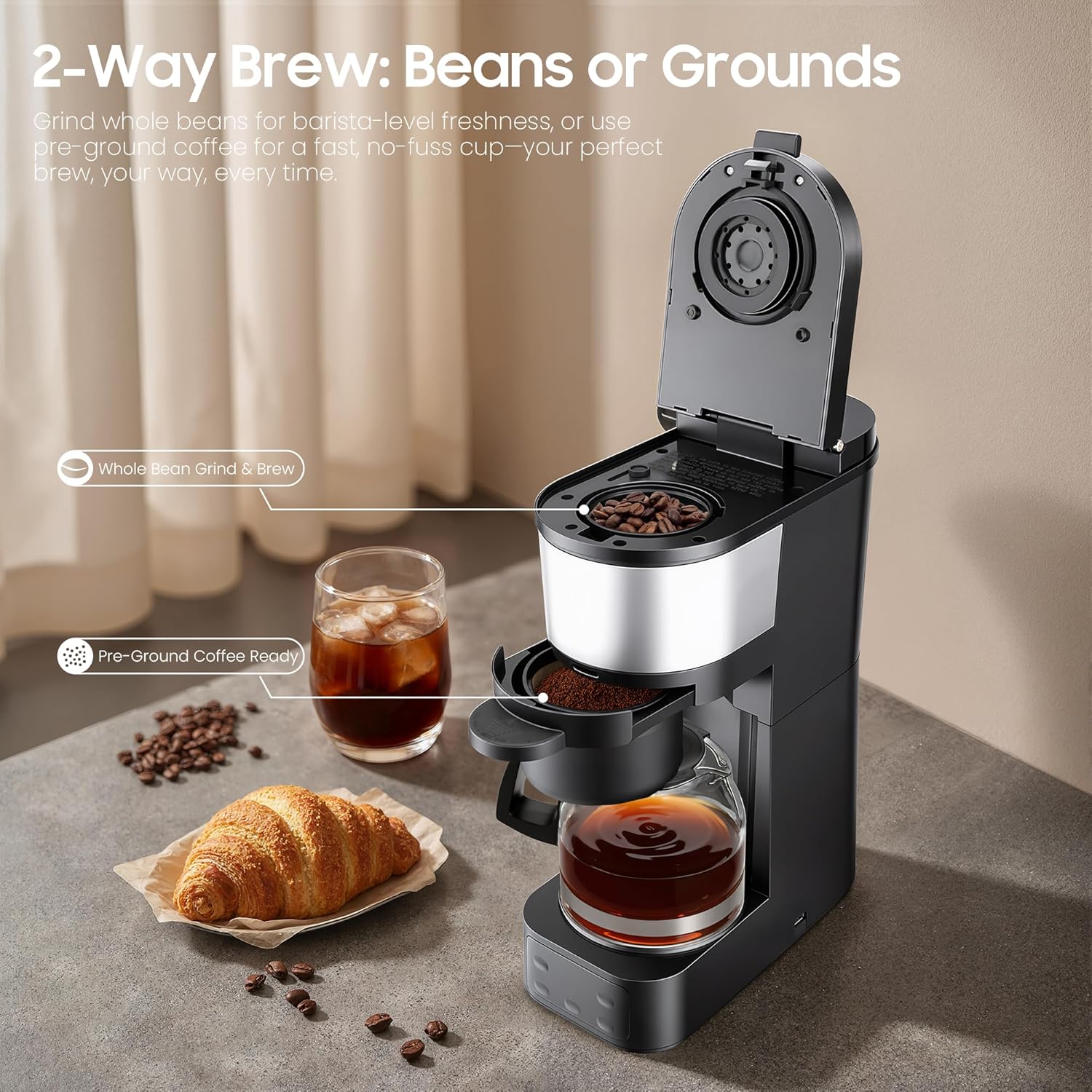 ATSENT Grind and Brew Coffee Maker,Drip Coffee Maker with Grinder Built In,5-Cup Programmable Coffee Machine with Brew Strength,Warming Plate and Multiple Grind Levels for Home & Office - Image 3