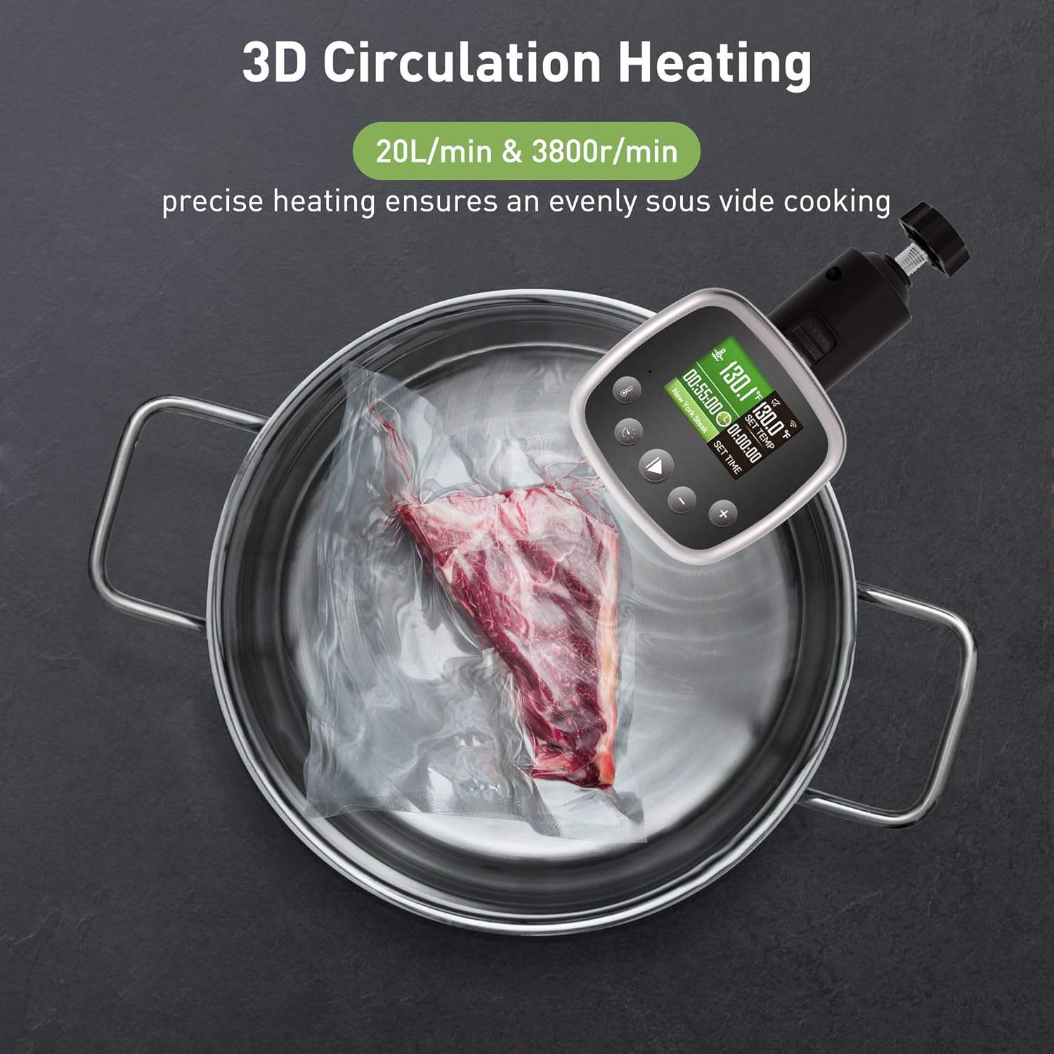 KitchenBoss Wifi Sous Vide Cooker: Sous Vide Machine Ultra-quiet 1100W Precision Cooking Machine Built-in TFT Recipes, IPX7 Waterproof Immersion Circulator Precise Temperature Control, Carbon Black - Image 5