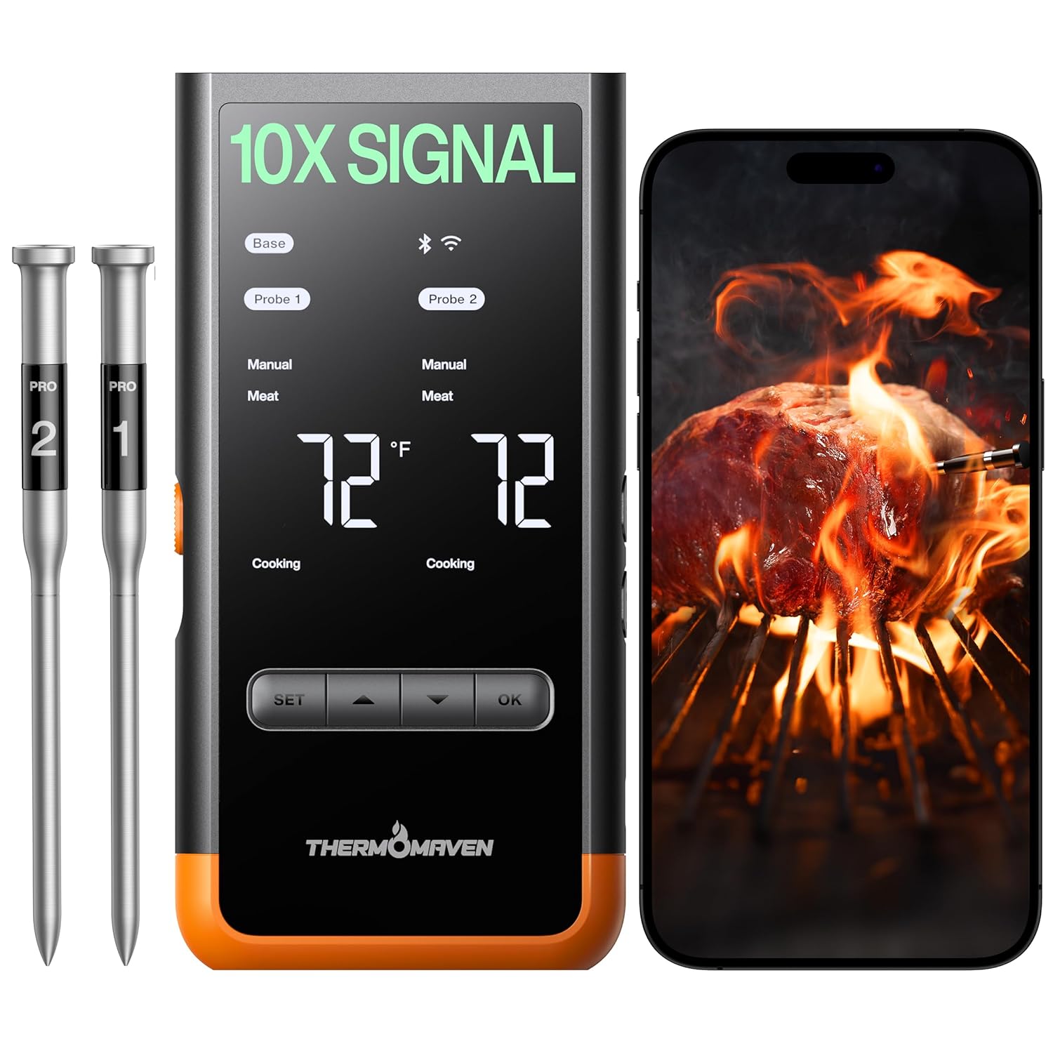 ThermoMaven Wireless Bluetooth Smart Meat Thermometer: Standalone Base, Smart WiFi Thermometer with Sub-1G, 6 Sensors NIST Certified Accuracy, 2 Probes, for BBQ, Grill, Oven, Smoker, Rotisserie