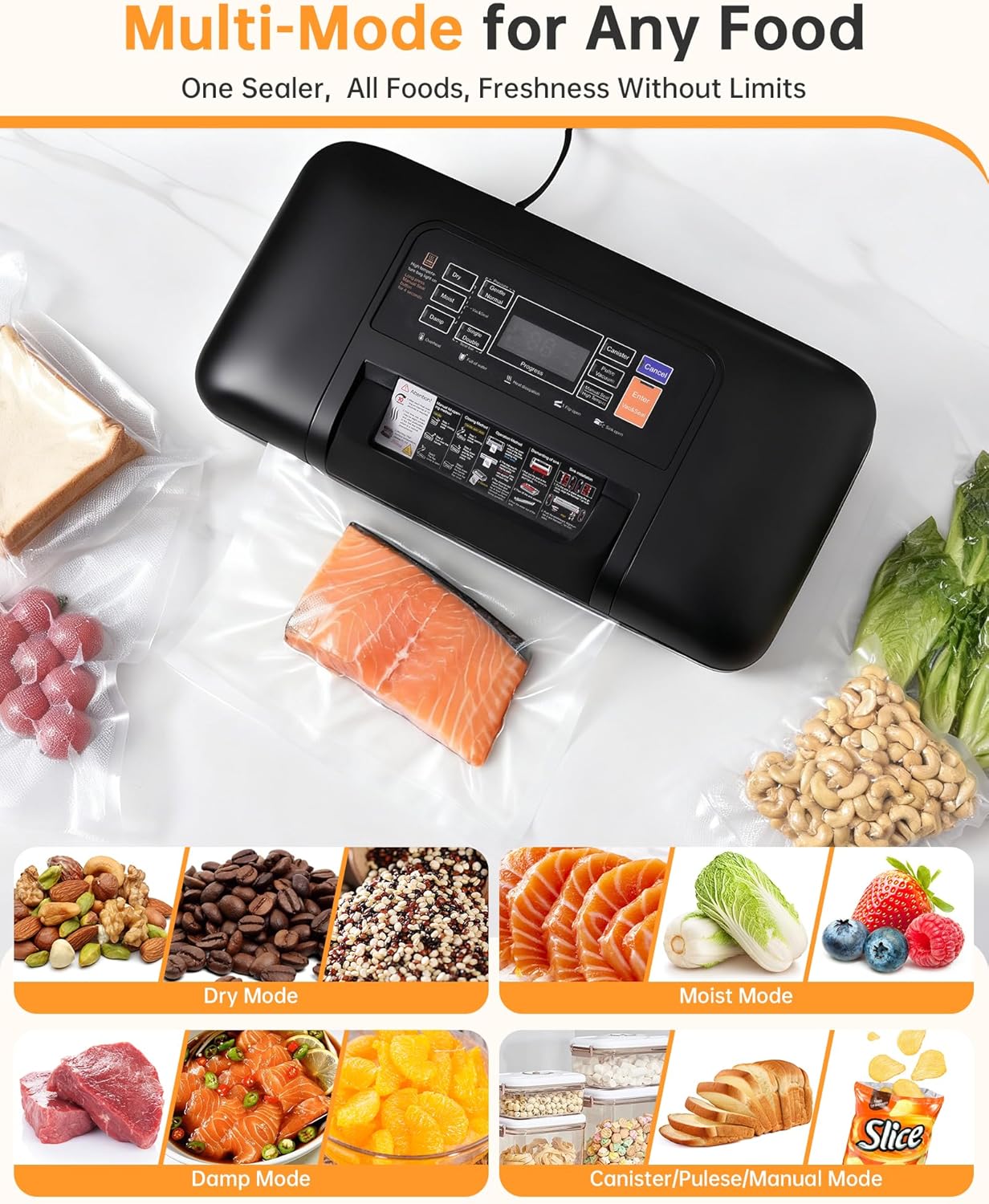 85kPa Commercial Vacuum Sealer with 2X Heat Seal, Countertop Chamber Food Sealer with Continuous Sealing, Multiple Modes for Dry, Wet & All Foods, Built-in Cutter, Ideal for Sous Vide & Food Storage - Image 3