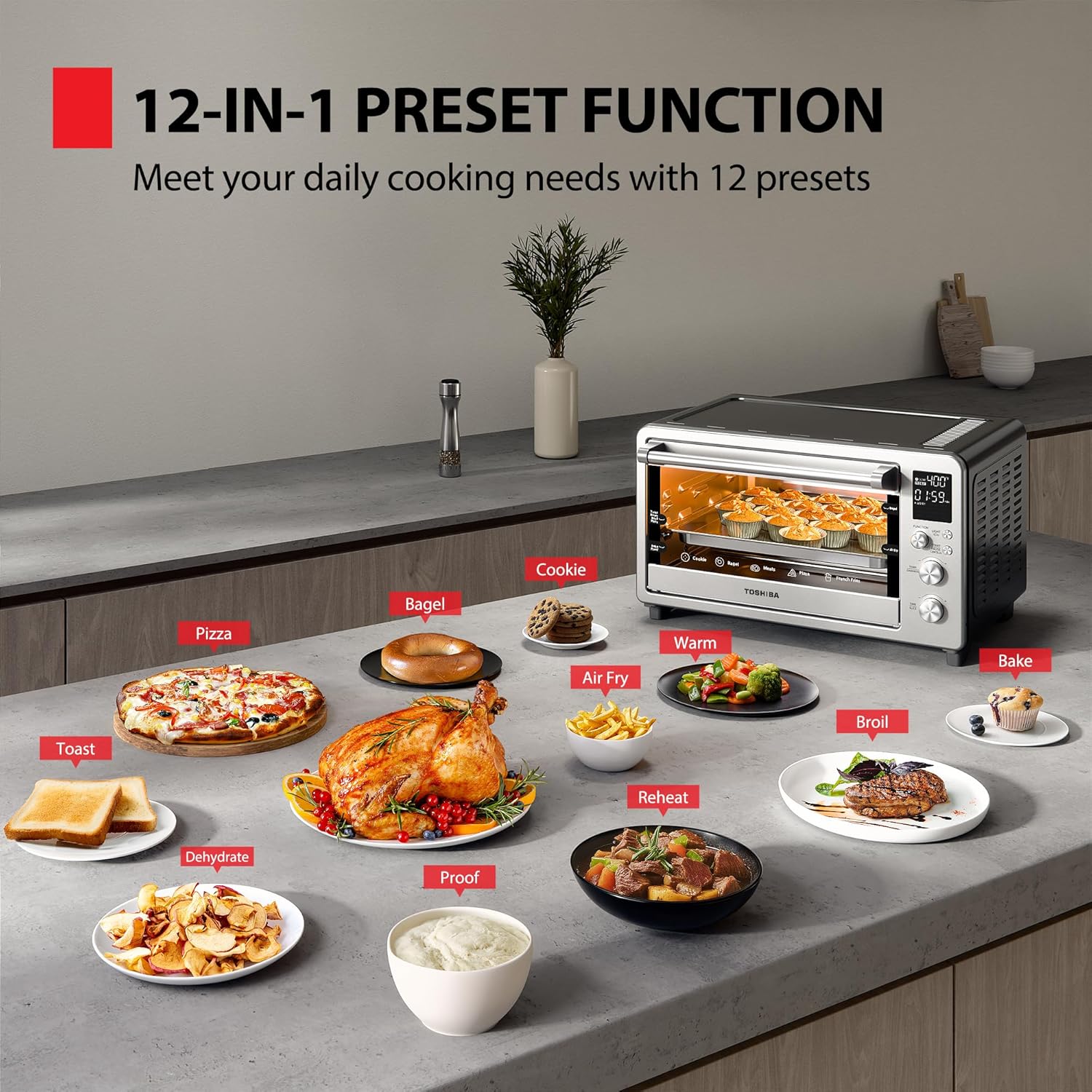 TOSHIBA ChefFry Air Fryer Toaster Oven Combo, 26.4 QT Large Capacity, 12-in-1 Countertop Toaster Oven, Stainless Steel - Image 3