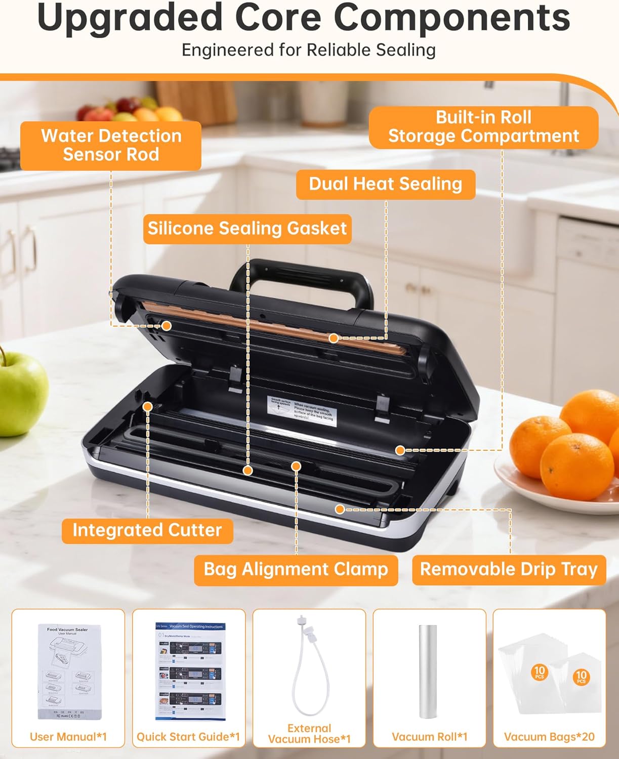 85kPa Commercial Vacuum Sealer with 2X Heat Seal, Countertop Chamber Food Sealer with Continuous Sealing, Multiple Modes for Dry, Wet & All Foods, Built-in Cutter, Ideal for Sous Vide & Food Storage - Image 6