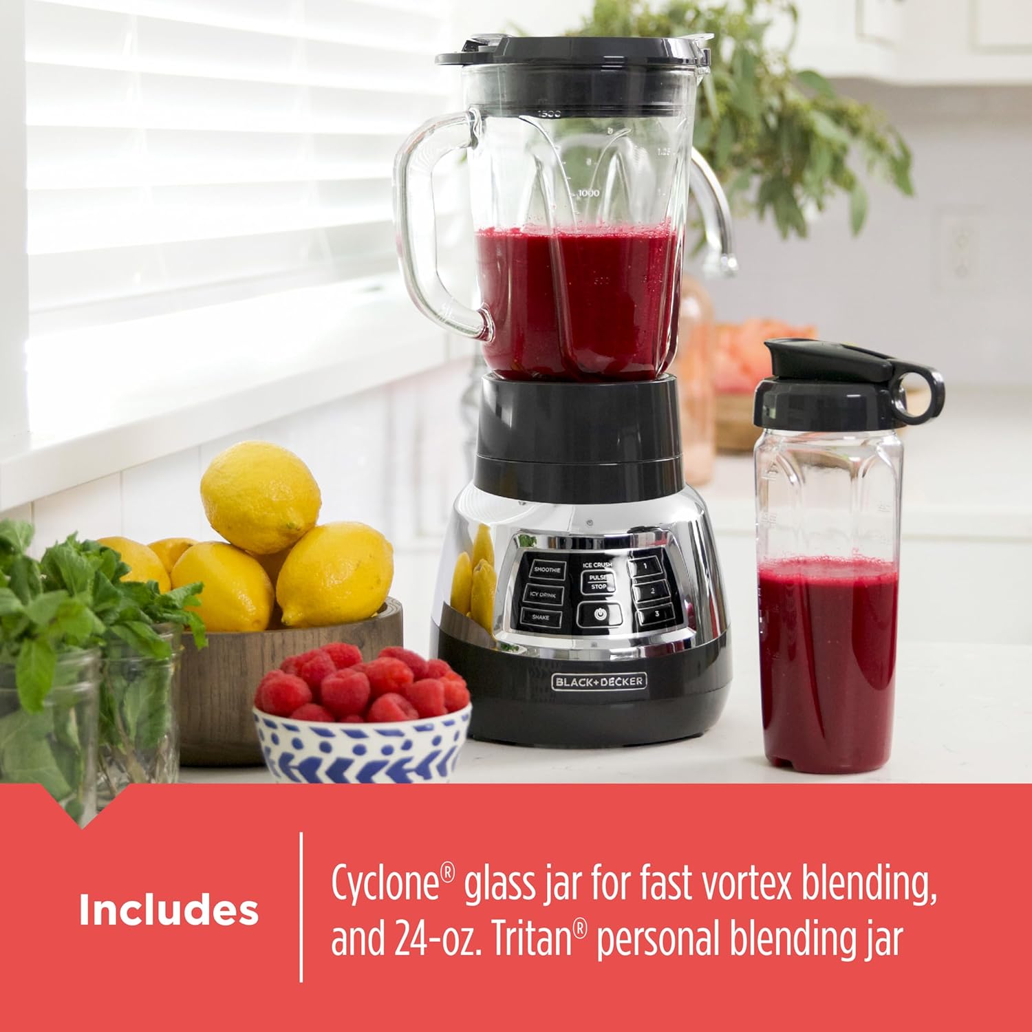 Black+Decker Quiet Blender with 6-Cup Cyclone Glass Jar, 3 Speeds + 3 Functions & Serrated Blade Technology for Faster Blending, Pulse Button and 24-oz Personal Jar, 900W - Image 6