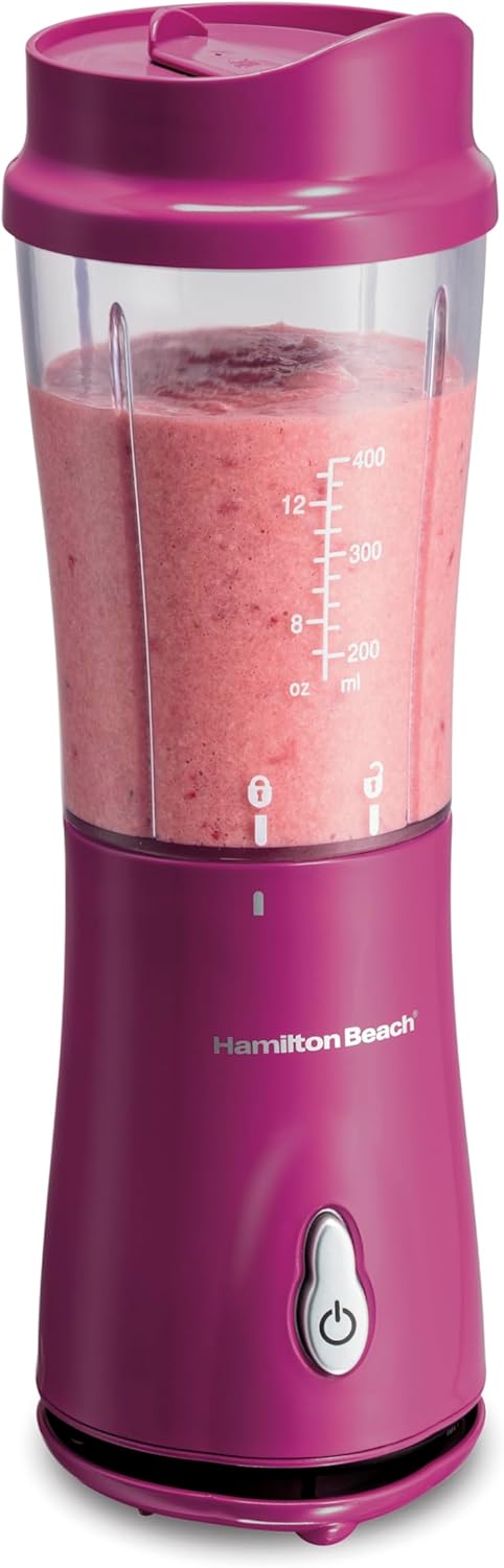 Hamilton Beach Portable Blender for Shakes and Smoothies, 14 Oz BPA Free Travel Cup & Lid, Durable Stainless Steel Blades, Personal Smoothie Blender, Raspberry, 51131G