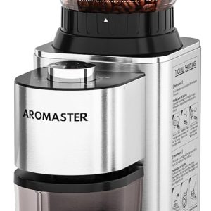 Aromaster Burr Coffee Grinder with 48 Gind Settings, Conical Coffee Bean Grinder for Home Use,Stainless Steel,40 Seconds Adjustable Timer,Anti-static,Easy to Clean with Brush