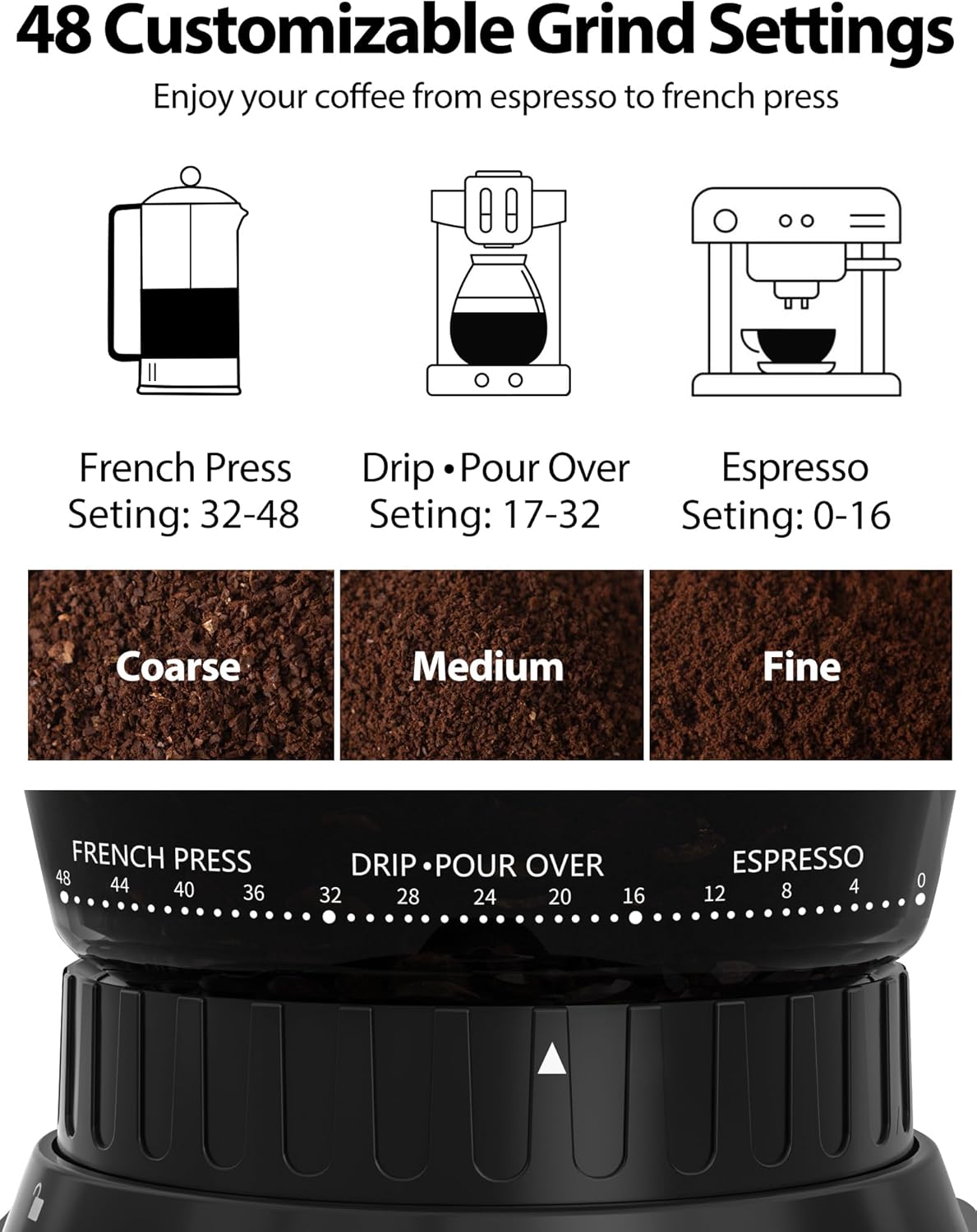 Aromaster Burr Coffee Grinder with 48 Gind Settings, Conical Coffee Bean Grinder for Home Use,Stainless Steel,40 Seconds Adjustable Timer,Anti-static,Easy to Clean with Brush - Image 2