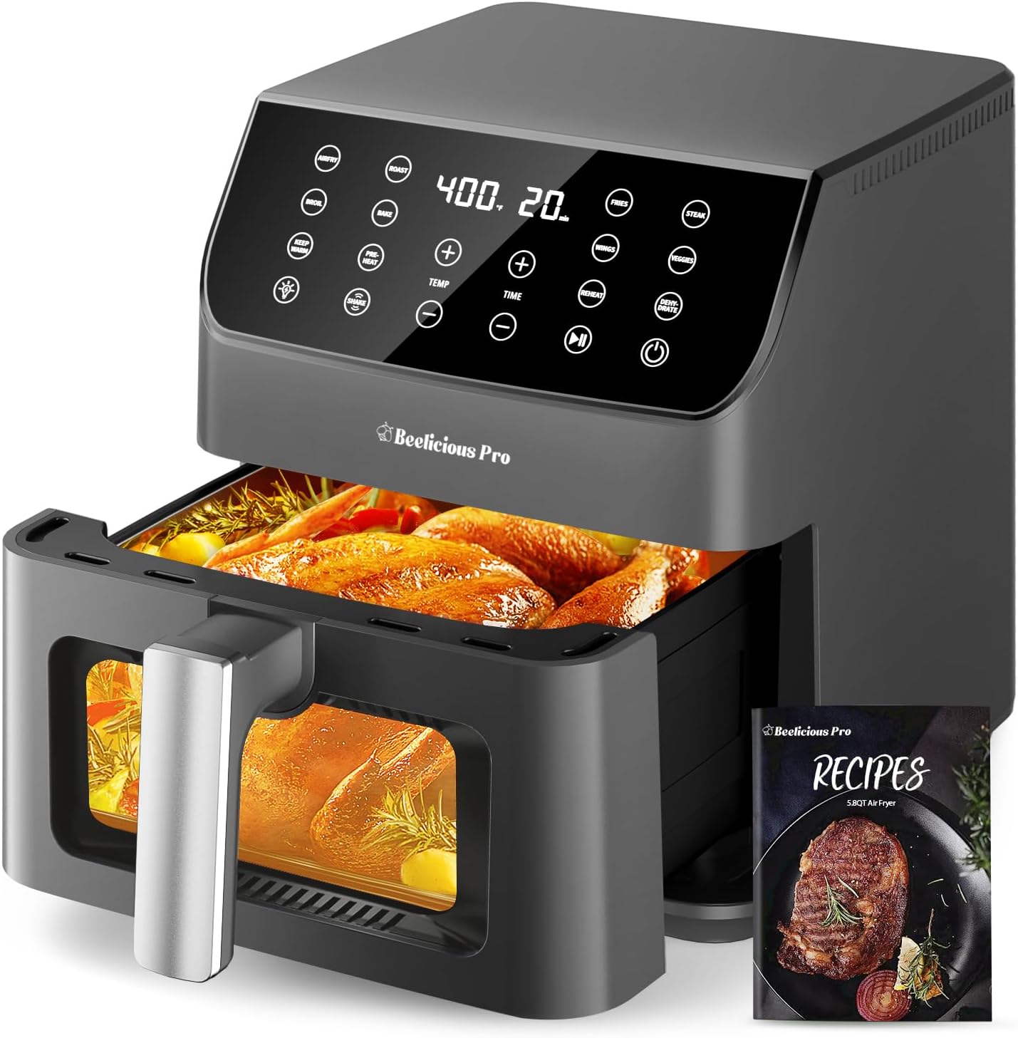 Beelicious 5.8QT Large Air Fryer, 12-in-1 Digital Airfryer with View Window, 40+ Recipes, Flavor-Lock Tech, Dishwasher Safe,Shake Reminder, Compact, Quiet, Nonstick. Black