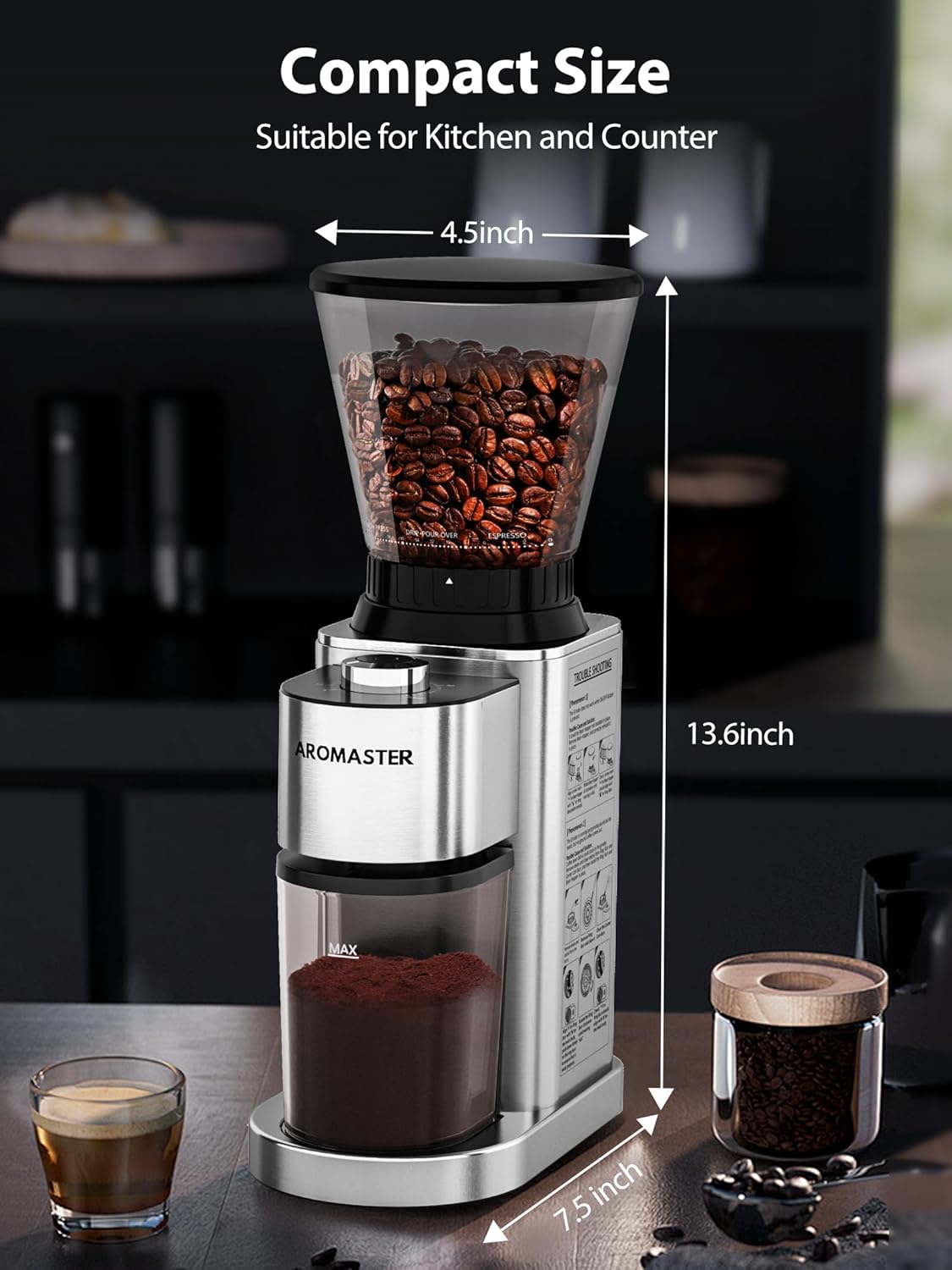 Aromaster Burr Coffee Grinder with 48 Gind Settings, Conical Coffee Bean Grinder for Home Use,Stainless Steel,40 Seconds Adjustable Timer,Anti-static,Easy to Clean with Brush - Image 7