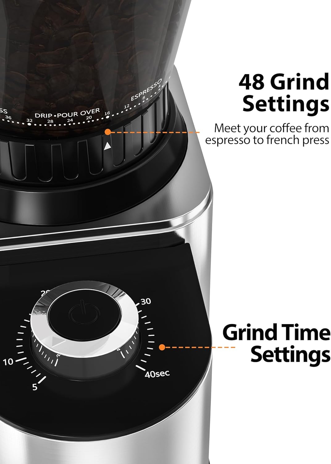 Aromaster Burr Coffee Grinder with 48 Gind Settings, Conical Coffee Bean Grinder for Home Use,Stainless Steel,40 Seconds Adjustable Timer,Anti-static,Easy to Clean with Brush - Image 3
