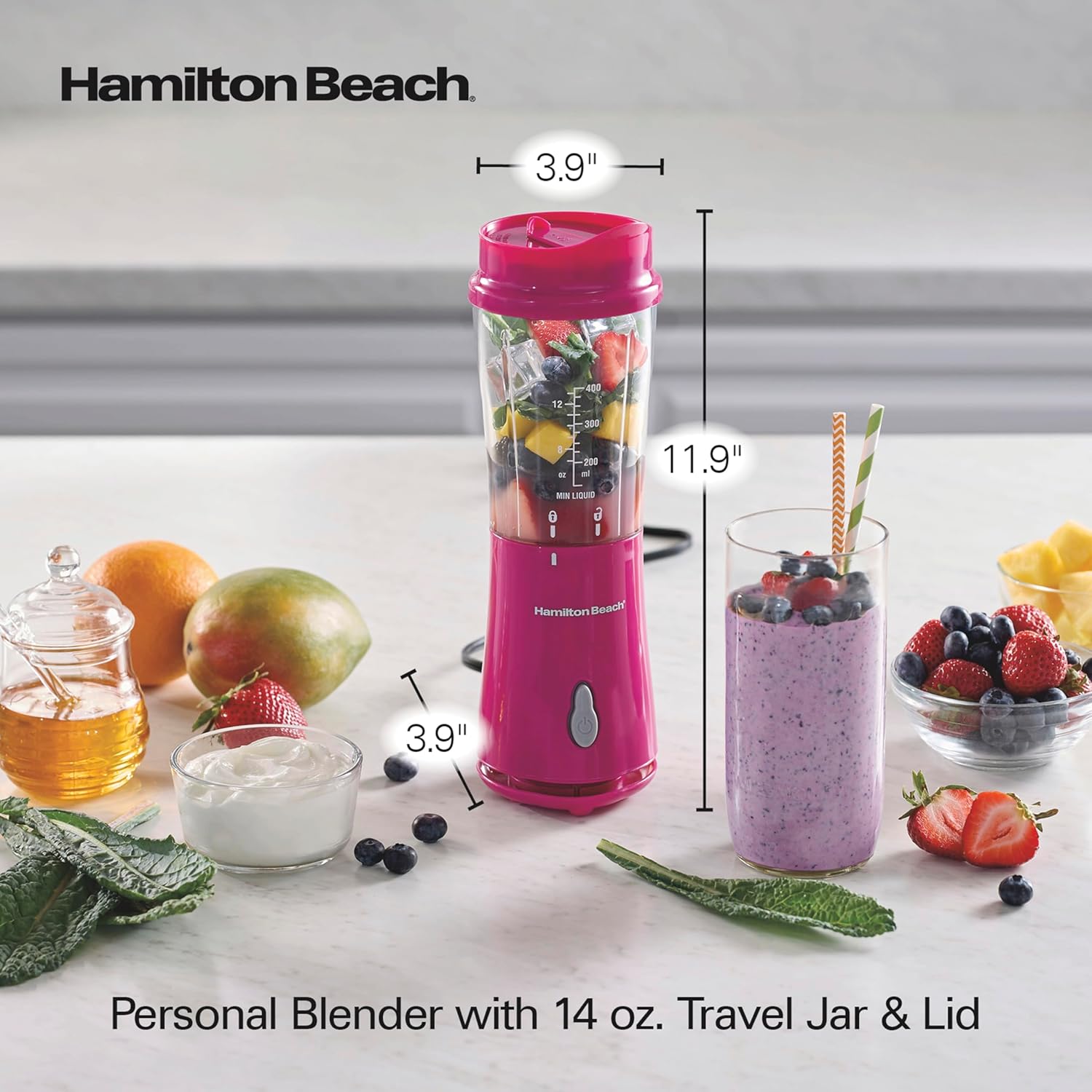 Hamilton Beach Portable Blender for Shakes and Smoothies, 14 Oz BPA Free Travel Cup & Lid, Durable Stainless Steel Blades, Personal Smoothie Blender, Raspberry, 51131G - Image 8