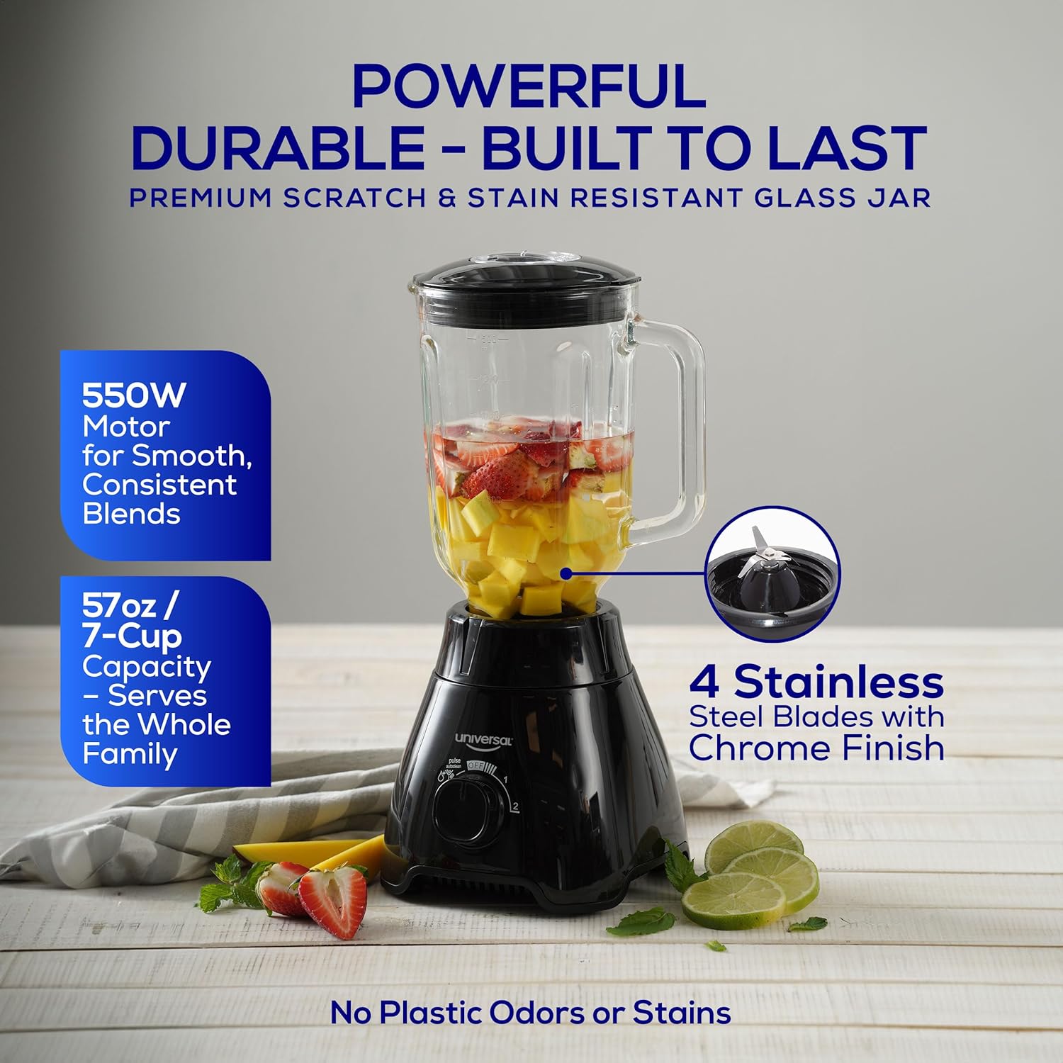 Universal 550W Mass Vital Blender - Glass Jar 57 Oz/1.8 Quart/1.7 Liter - 7-cup, 2 Speed + Pulse Function and 4 Stainless Steel Blade with Chrome Steel Technology - Image 2