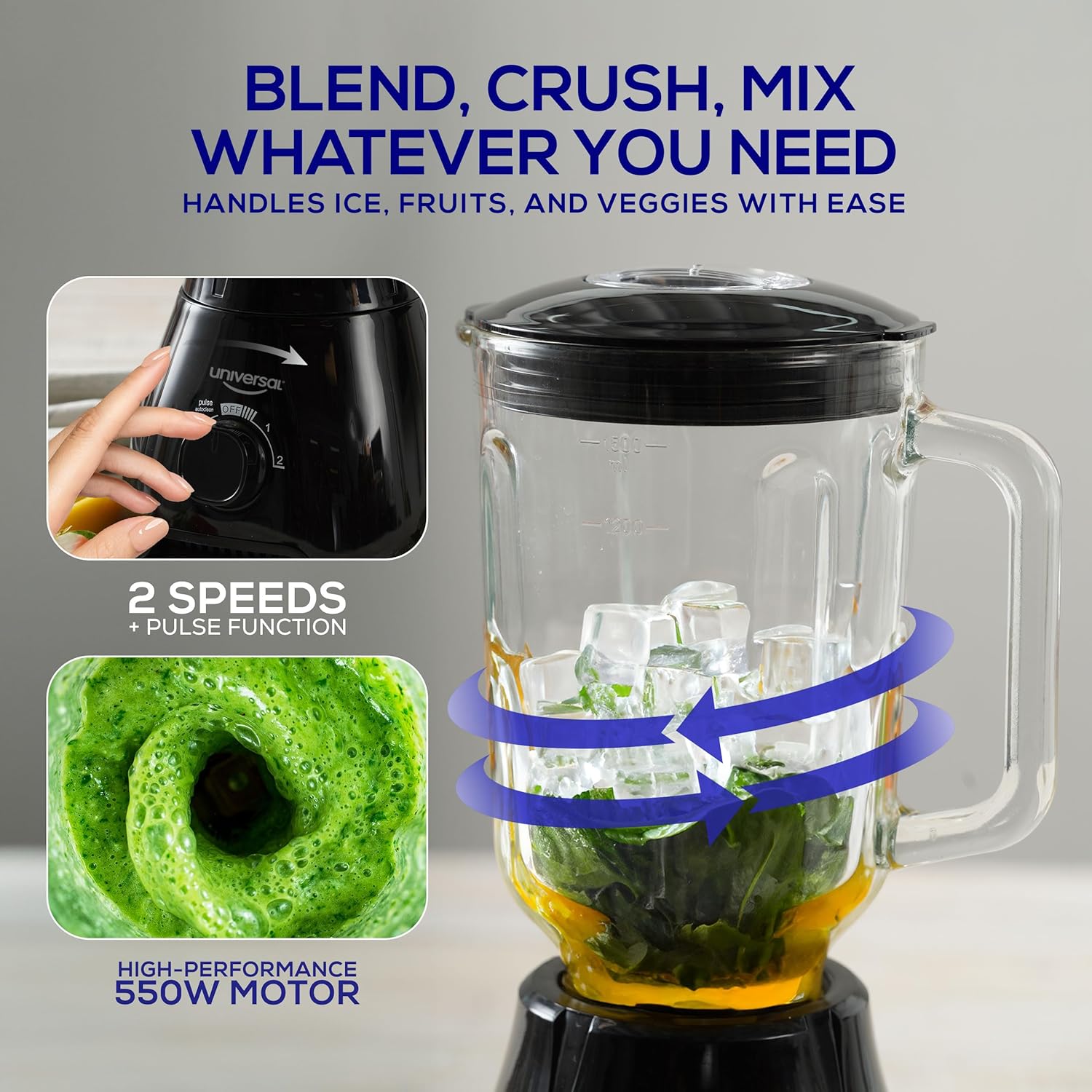 Universal 550W Mass Vital Blender - Glass Jar 57 Oz/1.8 Quart/1.7 Liter - 7-cup, 2 Speed + Pulse Function and 4 Stainless Steel Blade with Chrome Steel Technology - Image 4