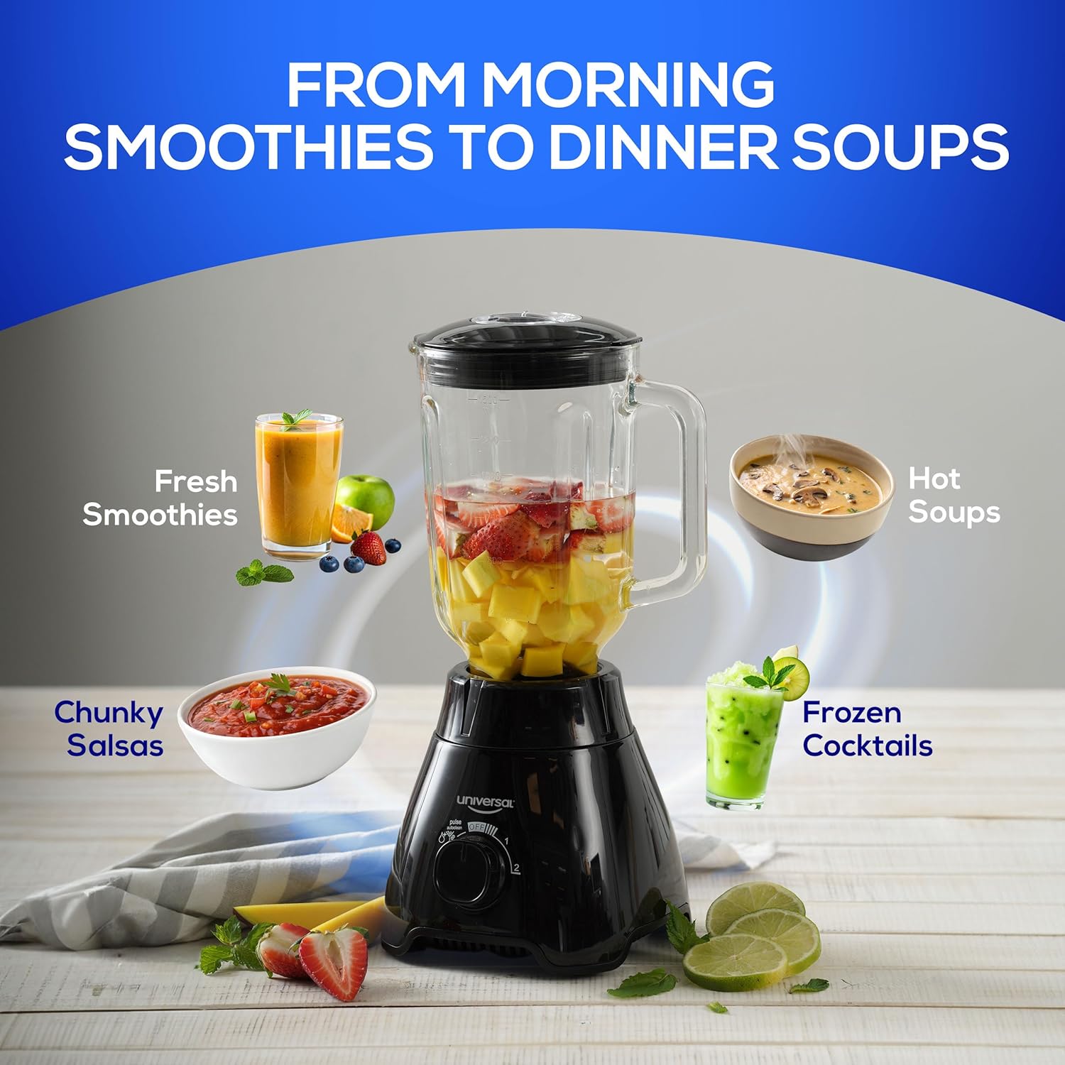 Universal 550W Mass Vital Blender - Glass Jar 57 Oz/1.8 Quart/1.7 Liter - 7-cup, 2 Speed + Pulse Function and 4 Stainless Steel Blade with Chrome Steel Technology - Image 5