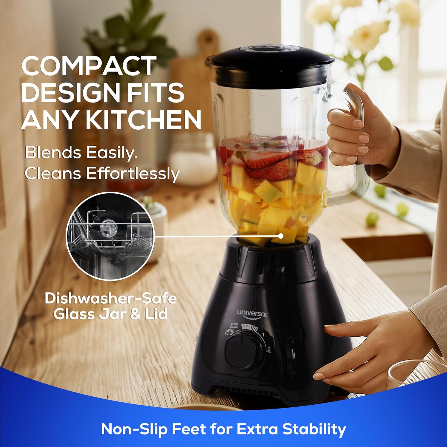 Universal 550W Mass Vital Blender - Glass Jar 57 Oz/1.8 Quart/1.7 Liter - 7-cup, 2 Speed + Pulse Function and 4 Stainless Steel Blade with Chrome Steel Technology - Image 6