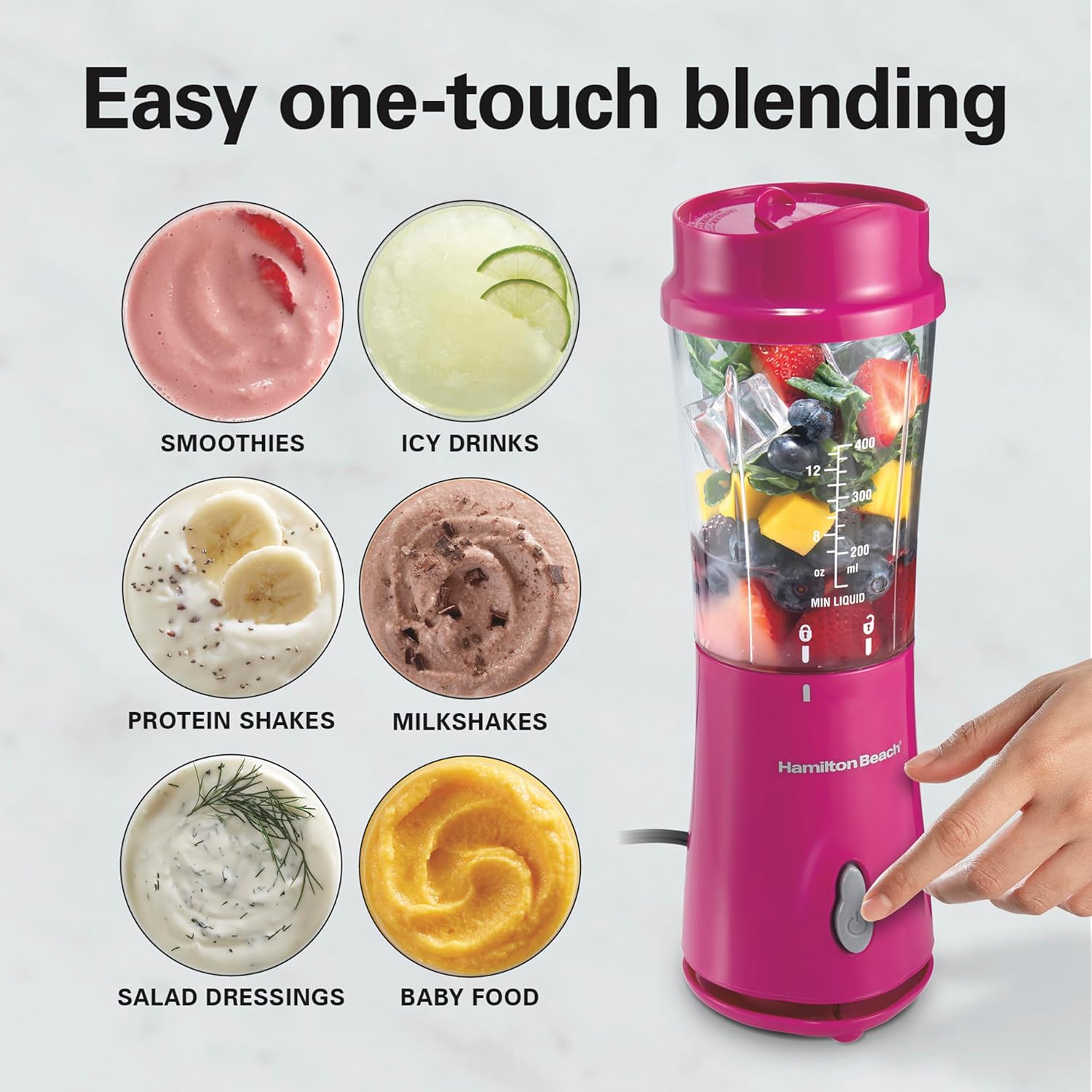 Hamilton Beach Portable Blender for Shakes and Smoothies, 14 Oz BPA Free Travel Cup & Lid, Durable Stainless Steel Blades, Personal Smoothie Blender, Raspberry, 51131G - Image 4