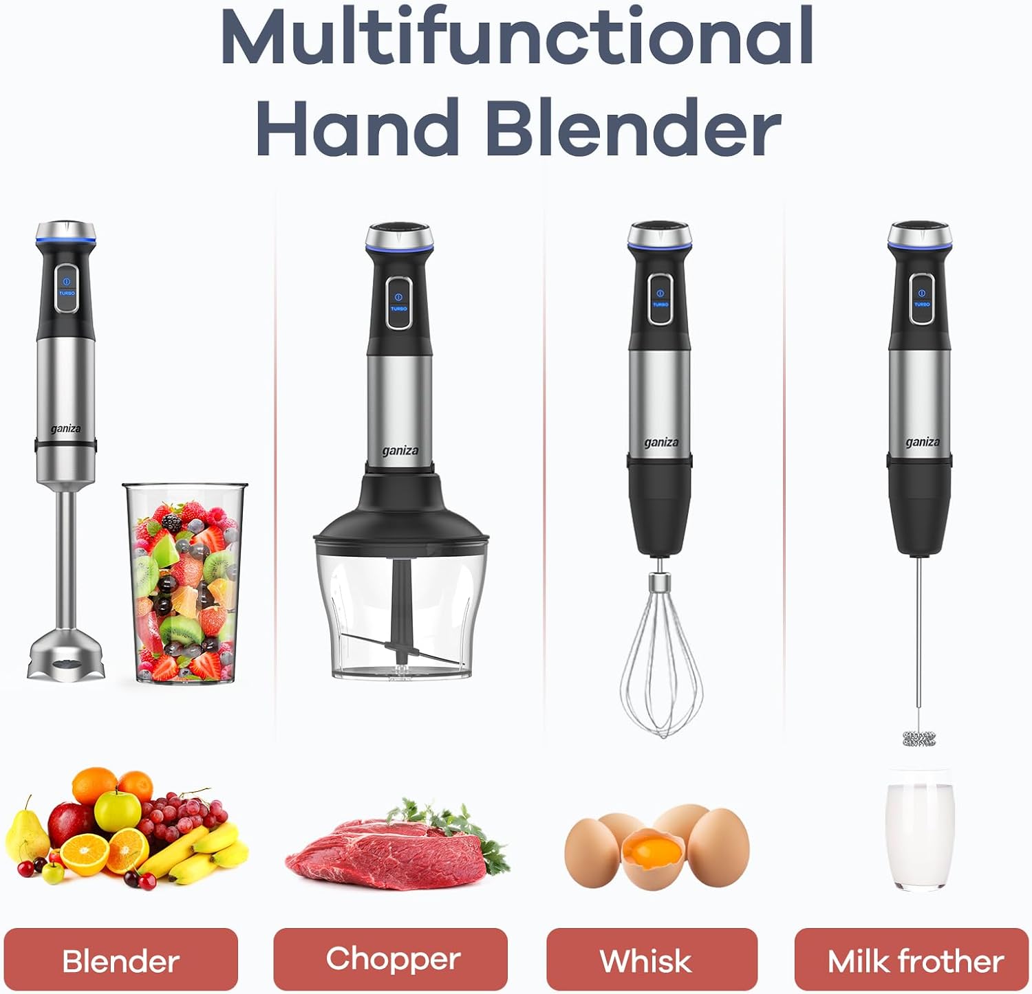 Ganiza Immersion Blender 5 in 1 Hand Blender Max 1000W Heavy Duty Motor, 16 Speed Mode Handheld Blender Stainless Steel Blade With 800ml Mixing Beaker, 600ml Chopper, Whisk and Milk Frother - Image 5