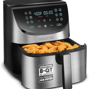 Gourmia Air Fryer - 8 Qt Extra Large Capacity, FryForce360º, Digital Display with 12 Presets, Roast, Bake, Broil, Dehydrate, Dishwasher Safe Accessories, Stainless Steel