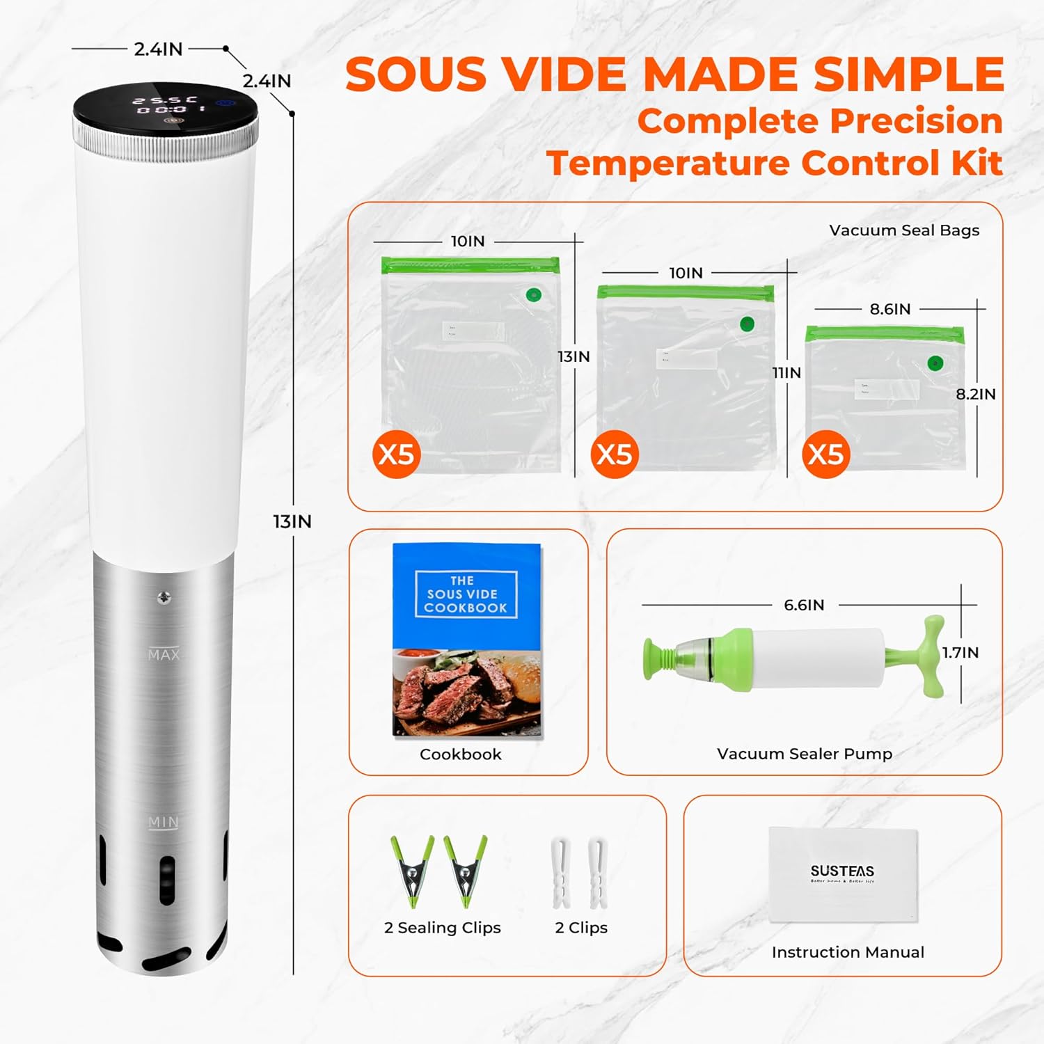 SUSTEAS Sous Vide,1200W Sous Vide Cooker with 15 Vacuum Bags Pump Recipe, Silence Sous Vide Machine Digital Timer Temperature Control, Immersion Circulator for Kitchen, IPX7, White - Image 2