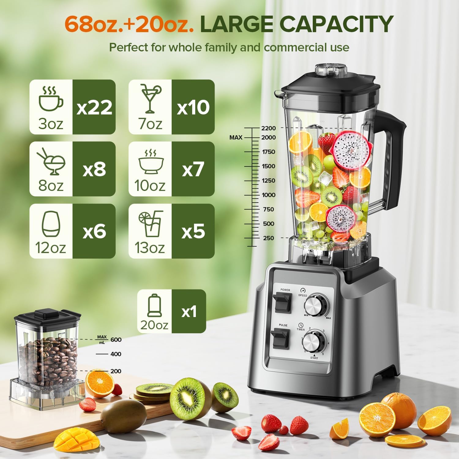 Blender, Blender for Smoothies with 68Oz. Pitcher and 20Oz. Grinder, 28000 RPM Countertop Blenders for Kitchen, Ice Crushing, Frozen Fruits, Timing Setting, Speed Adjustable - Image 2