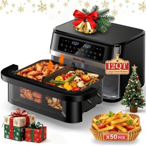 12QT Large Dual Basket Air Fryer with Flex Basket, Viewing Window and 50PCS Paper Liners, 12-in-1 Family Size with Sync & Dual & Light, Double Zone for Bake, Roast, Reheat, Dishwasher Safe