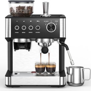 Espresso Machine 15 Bar with Built-in Anti-Clog Coffee Grinder,Stainless Steel Coffee Maker with 77.8 oz Removable Water Tank for Cappuccino/Latte,Home&Office,Black