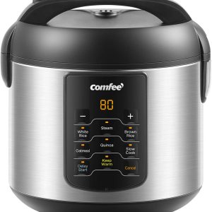 COMFEE' Compact Rice Cooker, 6-in-1 Stainless Steel Multi Cooker, Slow Cooker, Steamer, Saute, and Warmer, 2 QT, 8 Cups Cooked(4 Cups Uncooked), Brown Rice, Quinoa and Oatmeal, 6 One-Touch Programs
