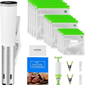SUSTEAS Sous Vide,1200W Sous Vide Cooker with 15 Vacuum Bags Pump Recipe, Silence Sous Vide Machine Digital Timer Temperature Control, Immersion Circulator for Kitchen, IPX7, White