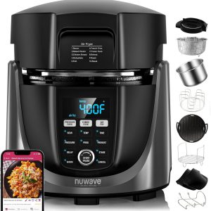 Nuwave Duet Air Fryer, Electric Pressure Cooker & Grill Combo, 540 IN 1 Multicooker with 3 Removable Lids, Slow Cook, Sautés, Dehydrator, 18/10 SS Pot, Sure-Lock Safety Tech & 13 Deluxe Accessories