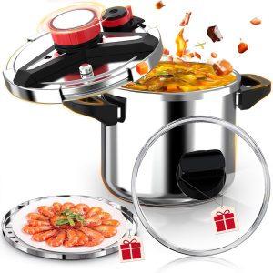 18/8 Stainless Steel Pressure Cooker 6 Quart, [One-Hand Locking] Olla de Presion, [3-In-1] Pressure Cooker, Includes Glass Lid & Steamer, Induction Compatible, Gas Stovetop Compatible