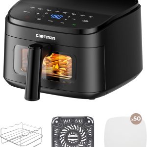 Cartman 4QT Compact Air Fryer, Ultra-Flat 6.7" Height Small Airfryer, Adjustable Airflow Design, Viewing Window, Up to 450℉, 7 Presets Touchscreen, Portable Air Fryer, Black