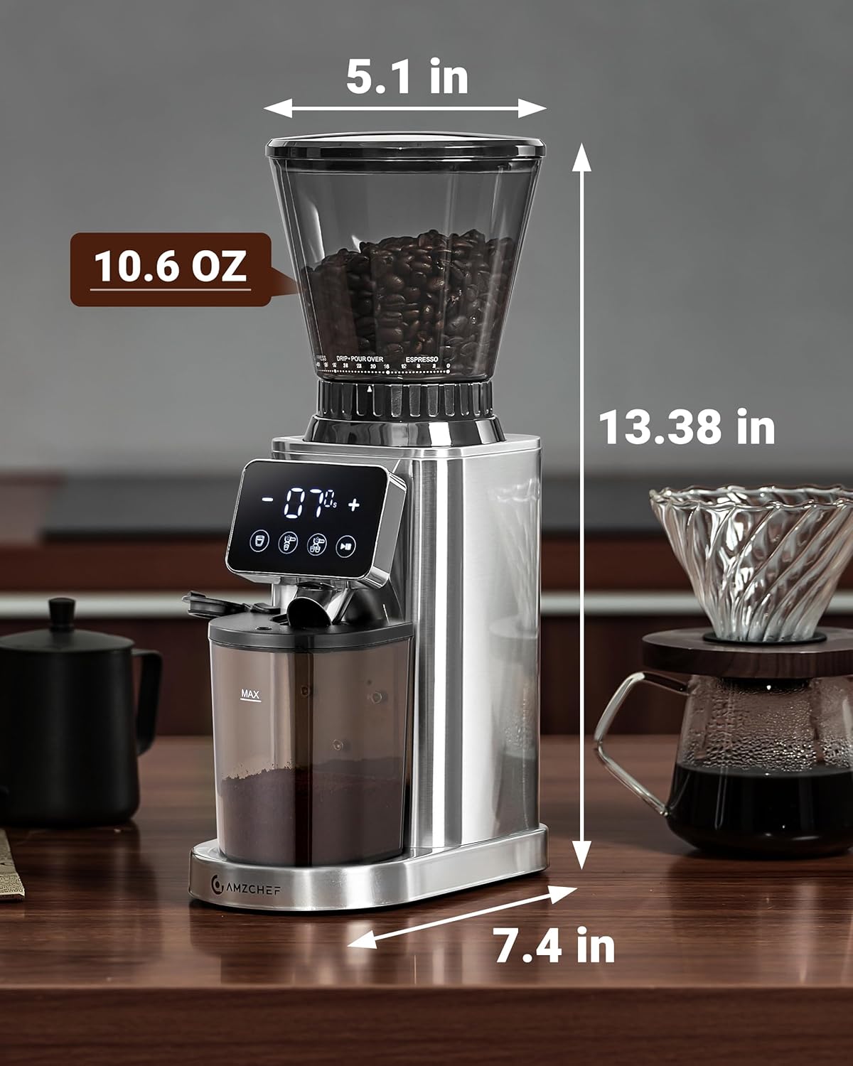 AMZCHEF Coffee Grinder, Burr Coffee Bean Grinder for Home Use with 48 Precise Grind Settings, Detachable Funnel Stand for Espresso, LED Control Panel, Anti-static Design, silver - Image 8