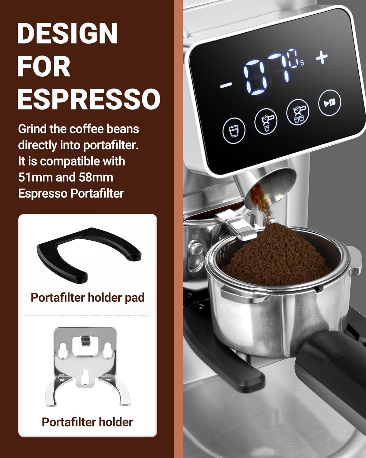 AMZCHEF Coffee Grinder, Burr Coffee Bean Grinder for Home Use with 48 Precise Grind Settings, Detachable Funnel Stand for Espresso, LED Control Panel, Anti-static Design, silver - Image 2